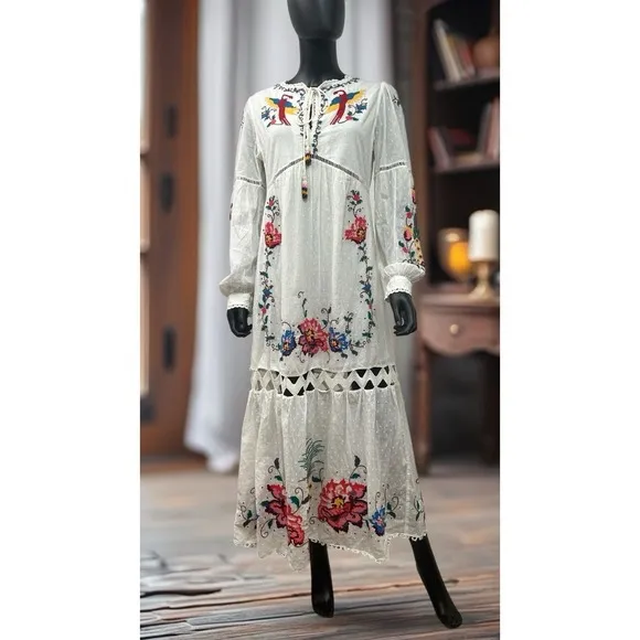 NWT! FARM RIO Macaw Cross Stitch Embroidered Maxi Dress SIZE S