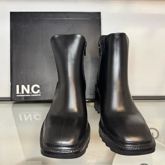 NWT INC Eadin Padded Insole Block Heel Rain Boots Lug Sole Black Size 8