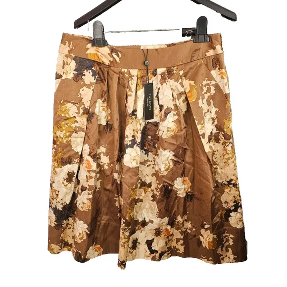 NWT Talbots Full Floral Skirt Autumn Ivory Brown Floral Size 10 Pockets Satiny