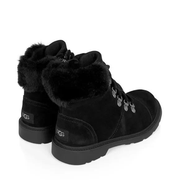 NWT UGG Boots Lace Up SHEARLING Suede w/ Fur Top Black Zipper Kids Size 1