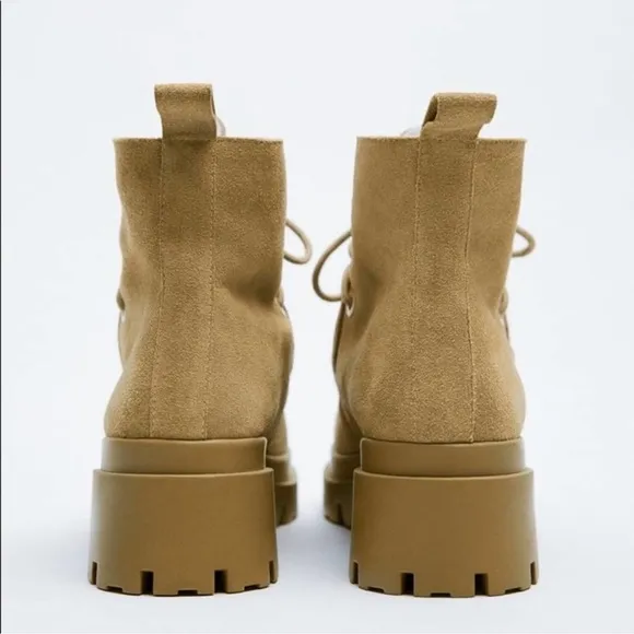 NWT ZARA SPLIT LEATHER WINTER TAN ANKLE BOOTS US8