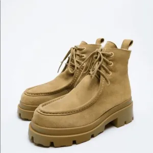 NWT ZARA SPLIT LEATHER WINTER TAN ANKLE BOOTS US8