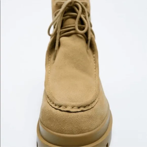 NWT ZARA SPLIT LEATHER WINTER TAN ANKLE BOOTS US8