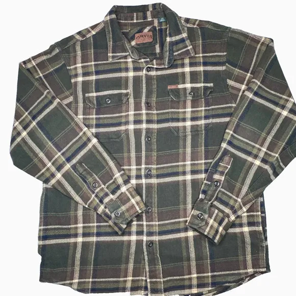 Orvis Shacket Shirt Mens Sz Large Green Plaid Flannel Chamois Jacket Chore Barn