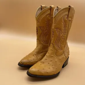 Ostrich Leather‎ Cowboy Yellow Boots Young Men Size 3  Made In Mexico  Hannford