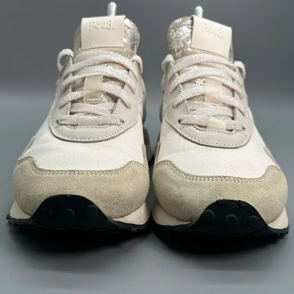 P448 Cancun Low Top Sneakers Womens EUR 38 US 7.5 Beige White Sparkle Lace Shoes