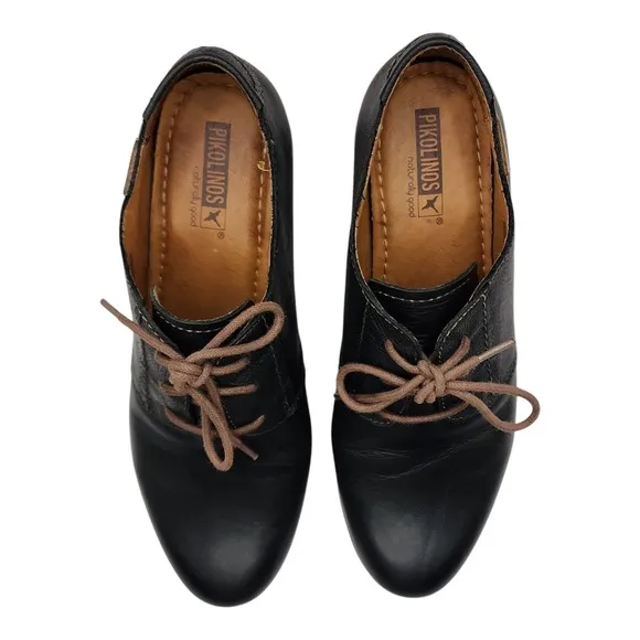 Pikolinos Lace Up Heels Womens 38 US 7.5 Black Leather Oxford Style Shoes EUC