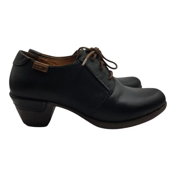 Pikolinos Lace Up Heels Womens 38 US 7.5 Black Leather Oxford Style Shoes EUC