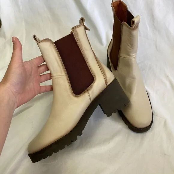 Pikolinos Viella Leather Ankle Boots Heels Cream Brown Women Size 39 US 8.5