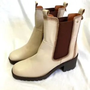 Pikolinos Viella Leather Ankle Boots Heels Cream Brown Women Size 39 US 8.5