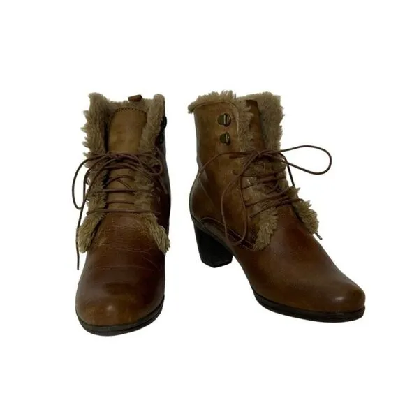 Pikolinos Womens Fur-Lined Leather Ankle Boots Size 37 With Lace-Up &amp; Block Heel