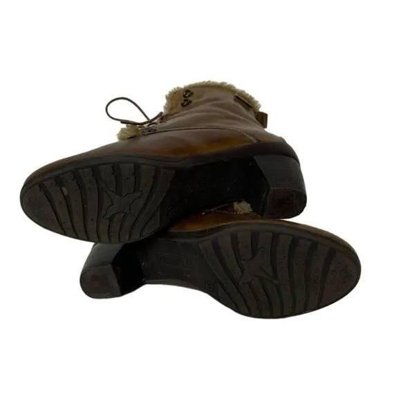 Pikolinos Womens Fur-Lined Leather Ankle Boots Size 37 With Lace-Up &amp; Block Heel