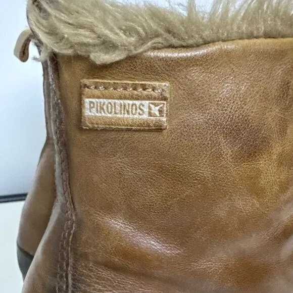 Pikolinos Womens Fur-Lined Leather Ankle Boots Size 37 With Lace-Up &amp; Block Heel