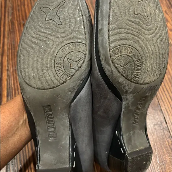 Pikolonos Gandia Black Grey Square Toe Point Mary Jane Leather Heel Sz 38 7.5 US