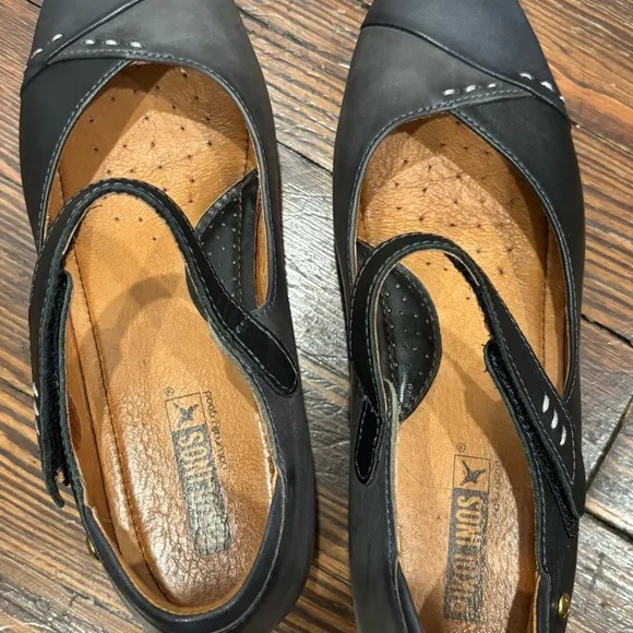 Pikolonos Gandia Black Grey Square Toe Point Mary Jane Leather Heel Sz 38 7.5 US