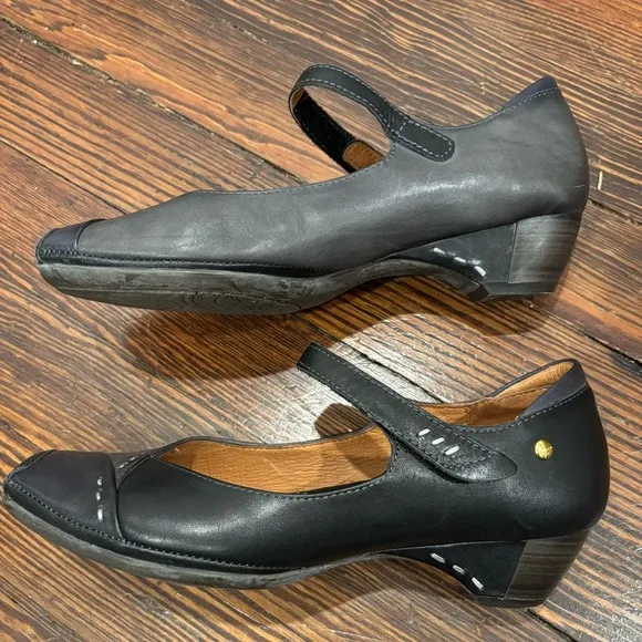 Pikolonos Gandia Black Grey Square Toe Point Mary Jane Leather Heel Sz 38 7.5 US