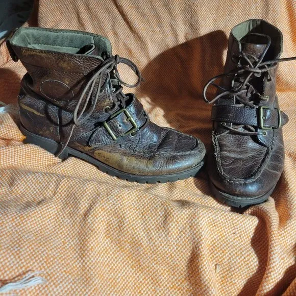 Polo By Ralph Lauren Ranger Men's Distressed Brown Leather Buckle Boots Size 7.5