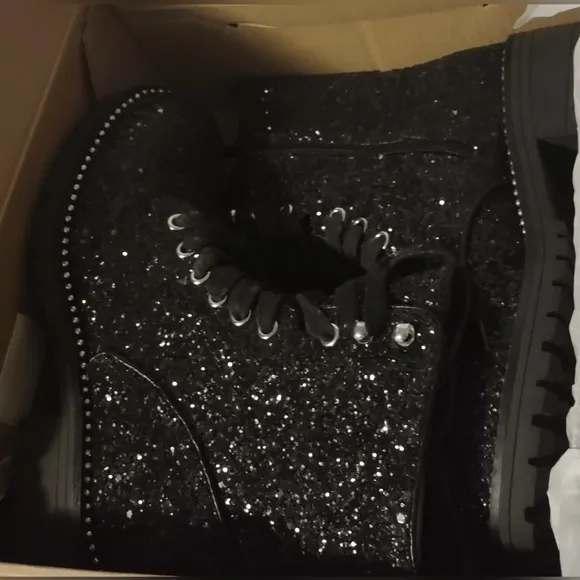 Portland By Portland Boot Company Women Black Glitter Combat Boots Size 7.5 NIB