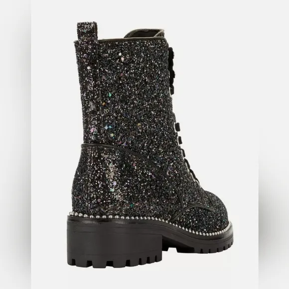 Portland By Portland Boot Company Women Black Glitter Combat Boots Size 7.5 NIB