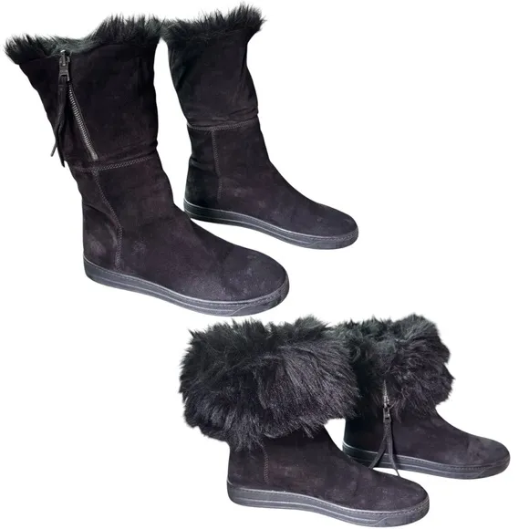 Prada Genuine Suede and Shearling Black Winter Snow Boots