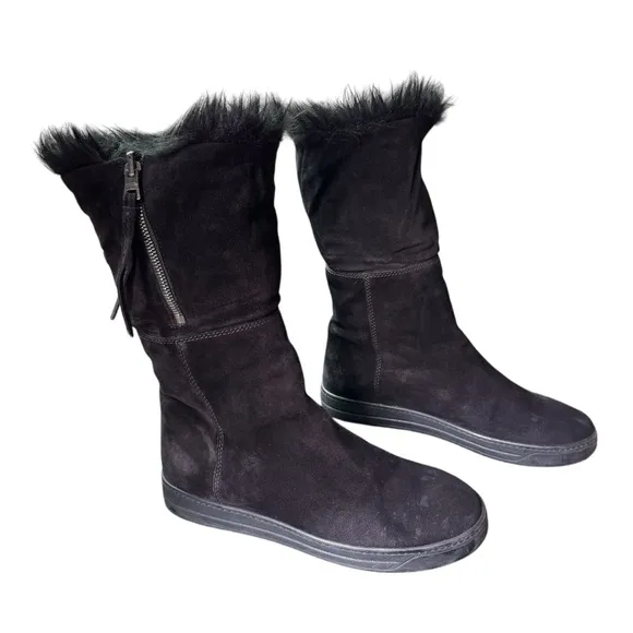 Prada Genuine Suede and Shearling Black Winter Snow Boots