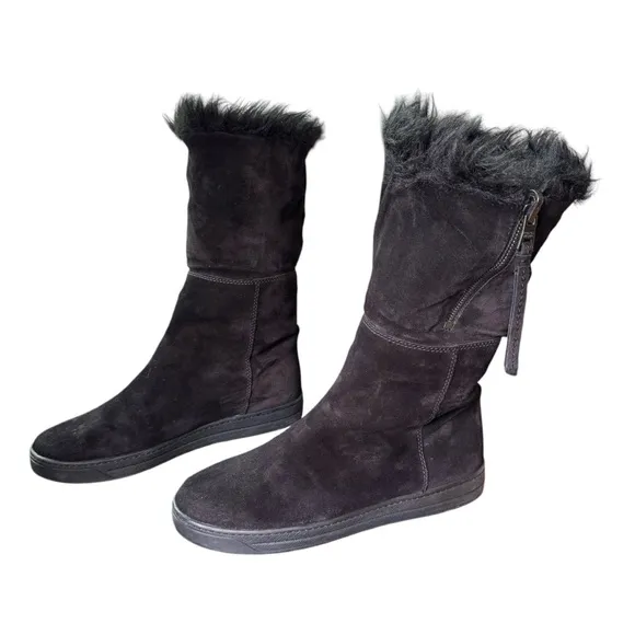 Prada Genuine Suede and Shearling Black Winter Snow Boots
