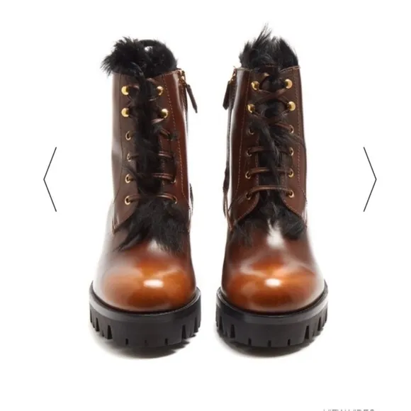 Prada Tobacco Burnished Fur-lined leather boots 39.5