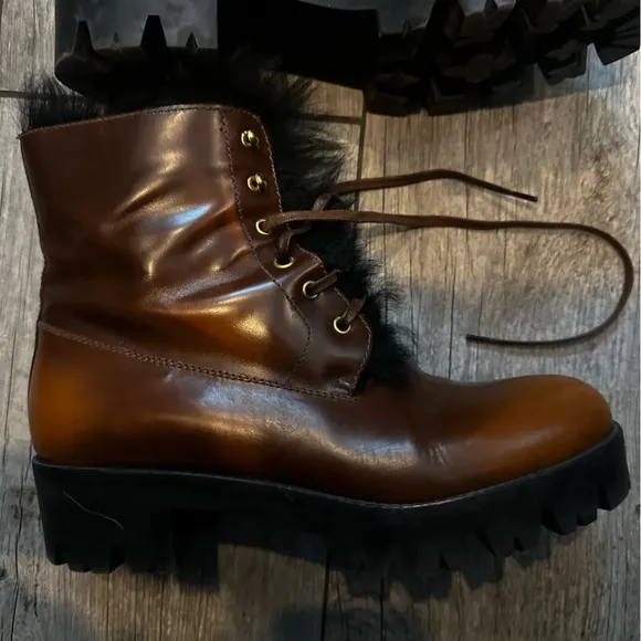 Prada Tobacco Burnished Fur-lined leather boots 39.5