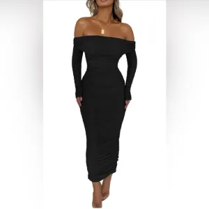 PRETTYGARDEN Fall Off Shoulder Maxi Bodycon Dress Ruched Fitted Club Dress