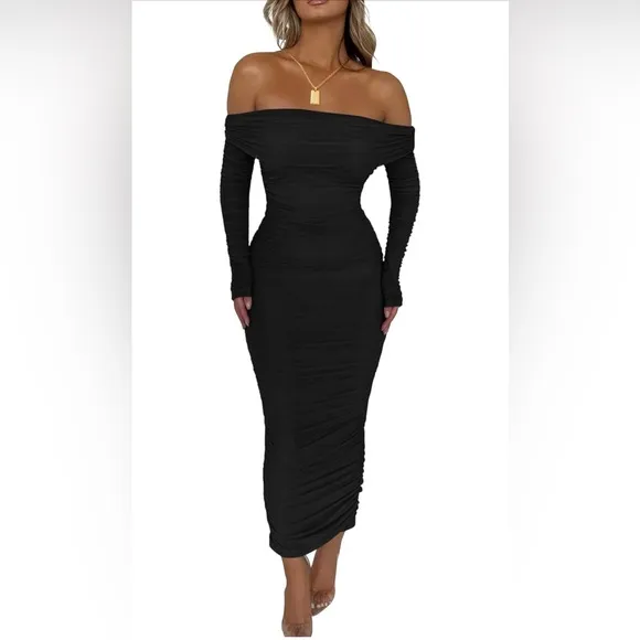 PRETTYGARDEN Fall Off Shoulder Maxi Bodycon Dress Ruched Fitted Club Dress