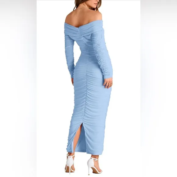 PRETTYGARDEN Fall Off Shoulder Maxi Bodycon Dress Ruched Fitted Club Dress