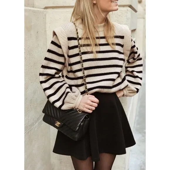 Prettygarden Sweaters Women White Long Lantern Sleeve Striped Jumper Tops Blous