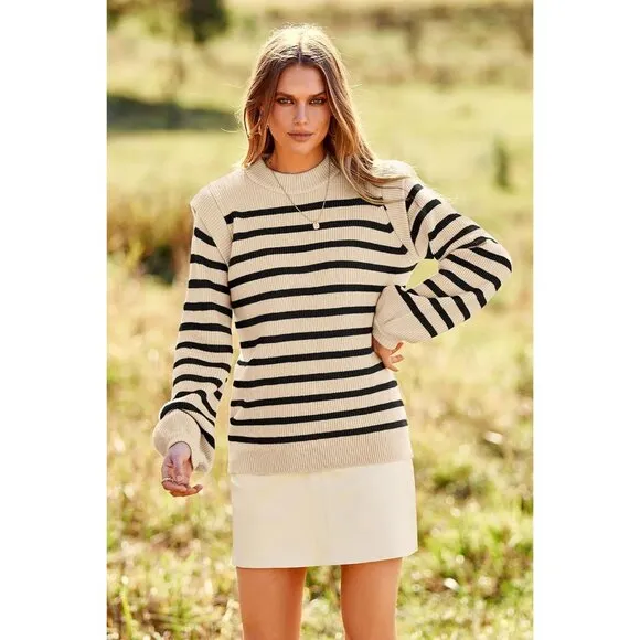 Prettygarden Sweaters Women White Long Lantern Sleeve Striped Jumper Tops Blous