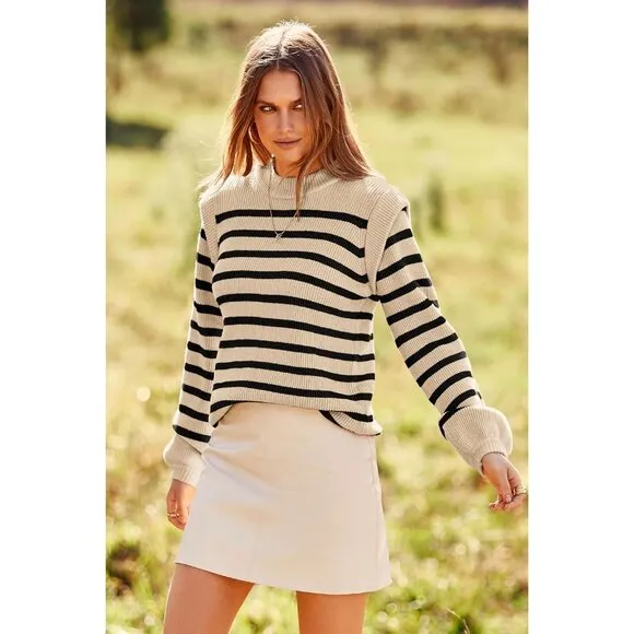 Prettygarden Sweaters Women White Long Lantern Sleeve Striped Jumper Tops Blous