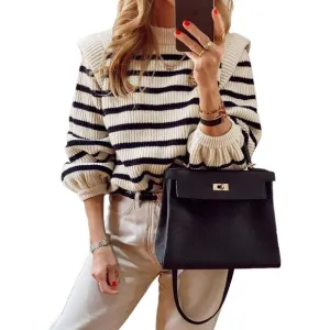 Prettygarden Sweaters Women White Long Lantern Sleeve Striped Jumper Tops Blous