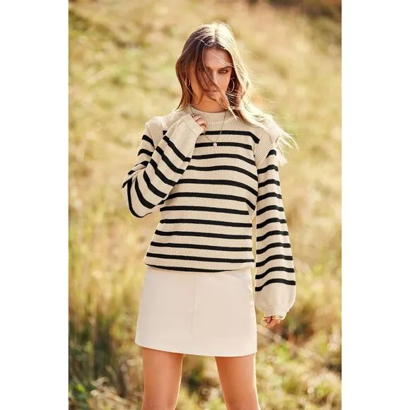 Prettygarden Sweaters Women White Long Lantern Sleeve Striped Jumper Tops Blous
