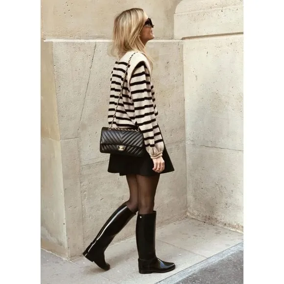 Prettygarden Sweaters Women White Long Lantern Sleeve Striped Jumper Tops Blous
