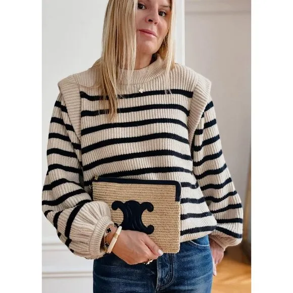 Prettygarden Sweaters Women White Long Lantern Sleeve Striped Jumper Tops Blous