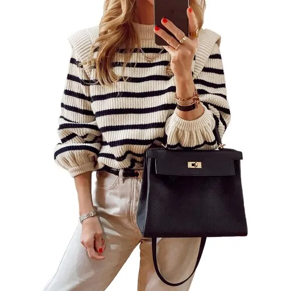 Prettygarden Sweaters Women White Long Lantern Sleeve Striped Jumper Tops Blous