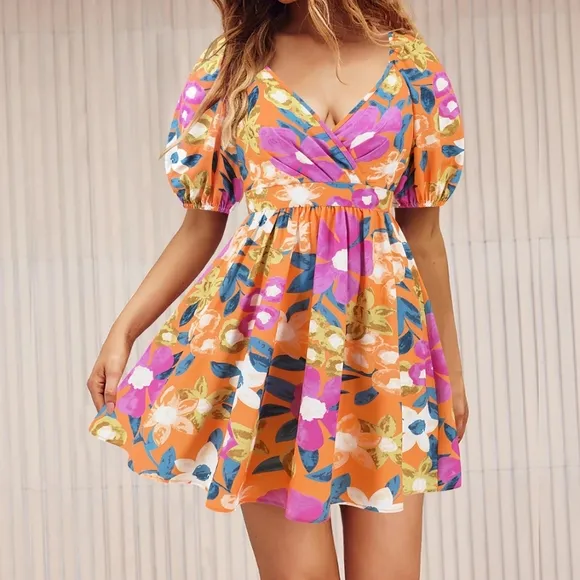 Printed Surplice Short Sleeve Mini Dress
