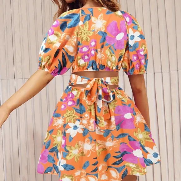 Printed Surplice Short Sleeve Mini Dress
