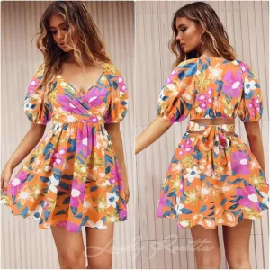 Printed Surplice Short Sleeve Mini Dress