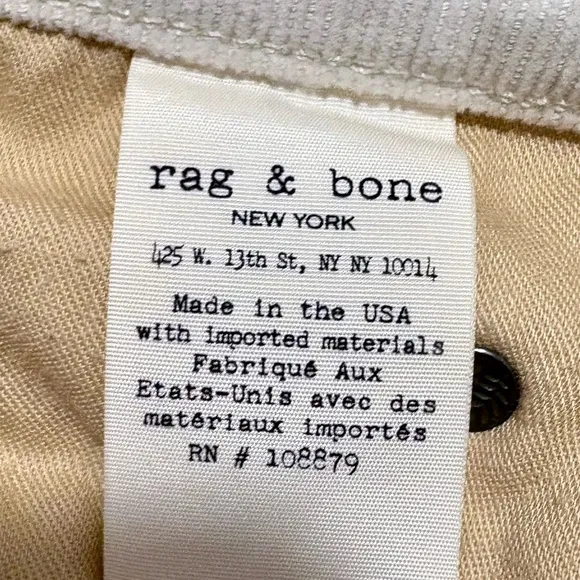 Rag &amp; Bone winter white Tomboy skinny Corduroy Jeans 29