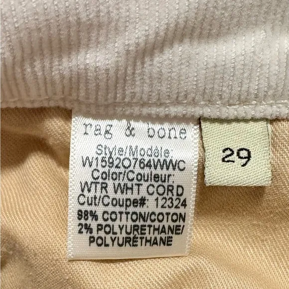 Rag &amp; Bone winter white Tomboy skinny Corduroy Jeans 29