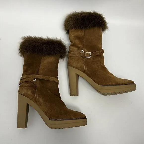 RALPH LAUREN COLLECTION purple Label Chestnut suede shearling fur trim boots 10