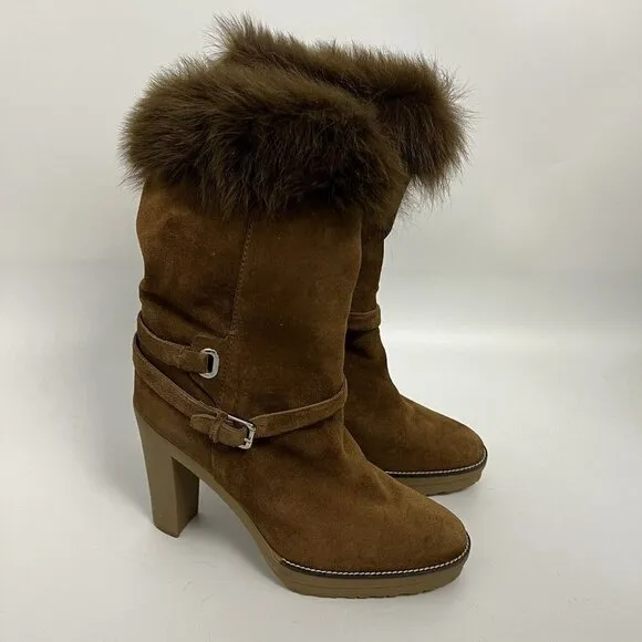 RALPH LAUREN COLLECTION purple Label Chestnut suede shearling fur trim boots 10