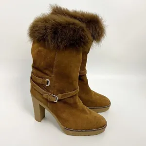 RALPH LAUREN COLLECTION purple Label Chestnut suede shearling fur trim boots 10