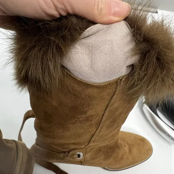 RALPH LAUREN COLLECTION purple Label Chestnut suede shearling fur trim boots 10