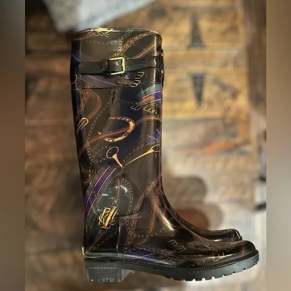 RALPH LAUREN Rosslyn II Horsebit Print Equestrian Style Rain Boots Size 7