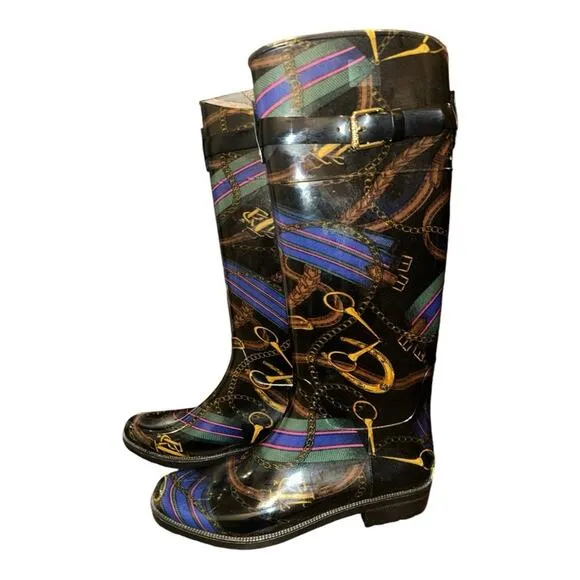 RALPH LAUREN Rosslyn II Horsebit Print Equestrian Style Rain Boots Size 7